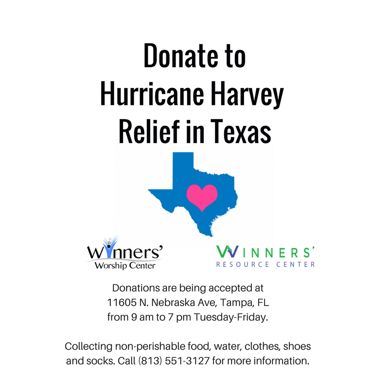 Flyer for Hurricane Harvey Relief Effort donations in Texas, featuring collection details for non-perishable food, water, clothes, shoes, and socks at 11605 N. Nebraska Ave, Tampa, FL. Call (813) 551-3127.