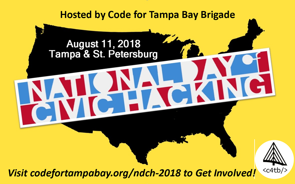 Join the National Day of Civic Hacking on August 11, 2018, hosted by Code for Tampa Bay Brigade in collaboration with the Winners' Resource Center. Happening in Tampa and St. Petersburg, this event includes a map of the U.S. and a link for more details.