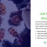 A group of people stands in a circle, smiling and looking down. Text on the right promotes "Job to Career Workshops" presented by Winners Resource Center, offering resume tips, interview skills, and job search assistance.