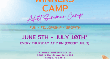 Promotional flyer for Winners' Adult Summer Camp, held June 5th–July 10th, Thursdays at 7 PM, at Winners' Worship Center, Tampa, FL. Beach background with festive summer camp decorations.