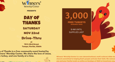 A flyer for the Day of Thanks 2025 drive-thru event on Nov 22 at Winners' Worship Center in Tampa, where we’ll distribute turkeys and other critical resources—3,000 free turkeys starting at 9 AM while supplies last.
