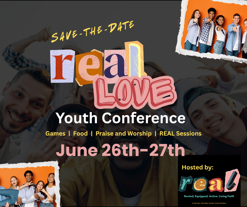 Save-the-date flyer for the REAL Love Youth Conference in Tampa, June 26th-27th, featuring diverse teens, games, food, praise and worship—plus info on Economic Pathways. Hosted by REAL.