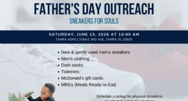 A flyer for Winners Worship Center's Father's Day Outreach on June 13, 2026, highlighting their outreach initiative, donation needs, and event details, with an image of a man and two children playing together.
