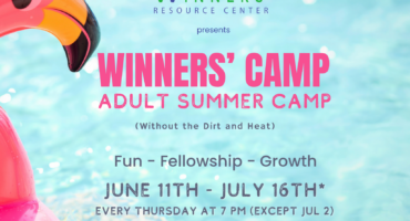 Flyer for Winners’ Worship Center’s redefining summer camp—Winners' Camp, a summer camp for adults! Join us every Thursday at 7 PM from June 11 to July 16 (except July 2) in Tampa, FL. Pink pool float shown left.